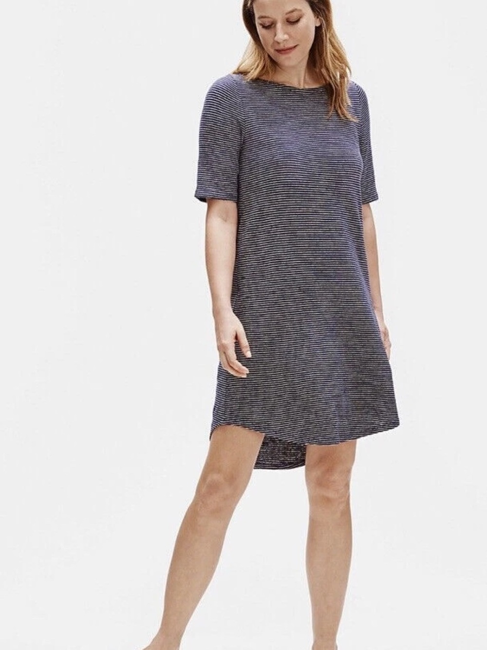Eileen Fisher Salt Lake Dress XS Organic Cotton Hemp Blend Navy White Striped